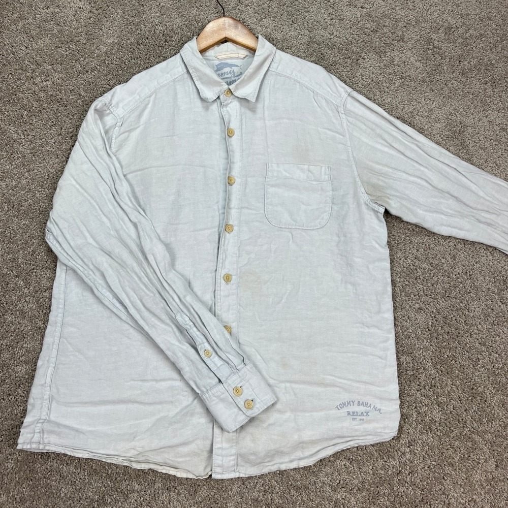 Tommy Bahama Button Down Shirt Mens Large Light Gray Long Sleeve Linen Relax